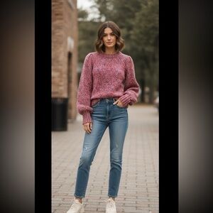 525 America Melange Blouson-sleeve puff sleeve sweater in poppy multi colour